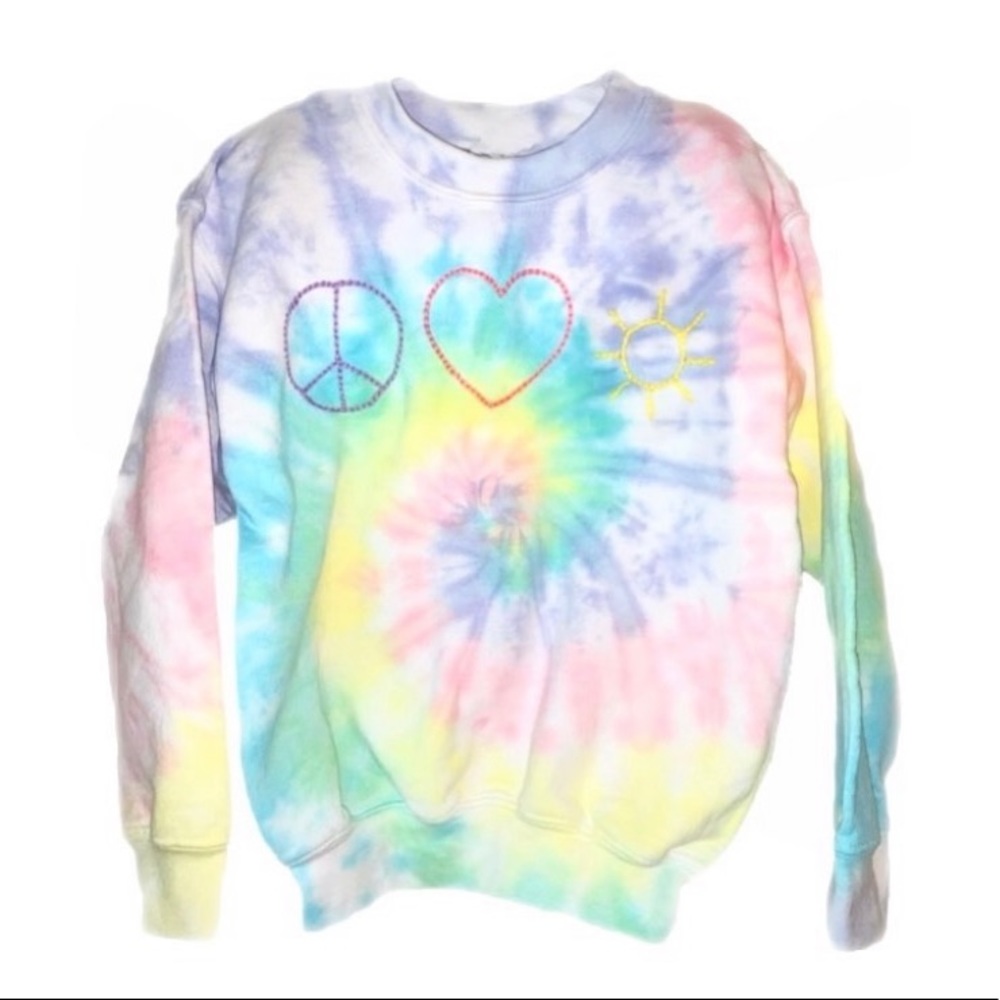 Tie Dye Hand Embroidered Peace Love Sun Sweatshirt